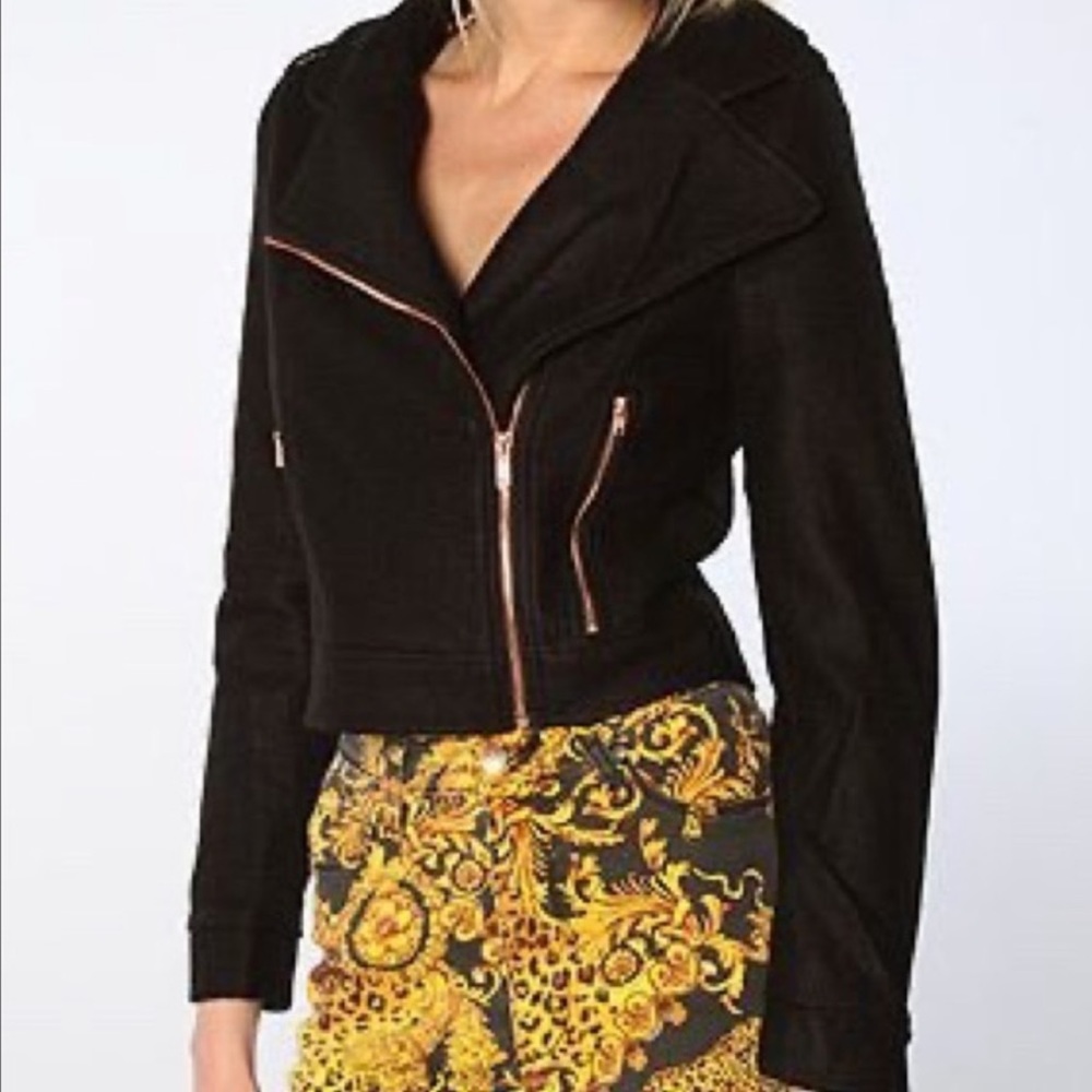 Minkpink cropped wool black and rose gold moto jacket